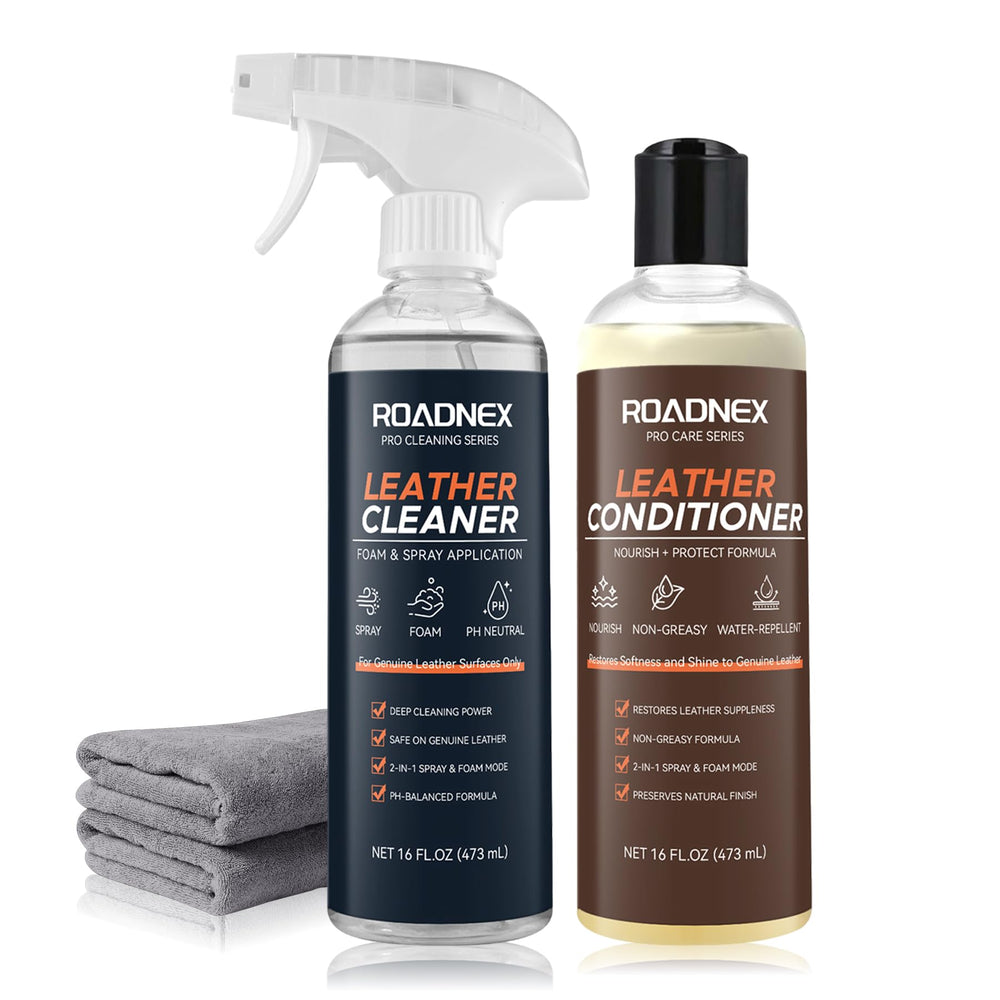 ROADNEX Leather Cleaner bottle pour demonstrates easy application and dirt lifting.