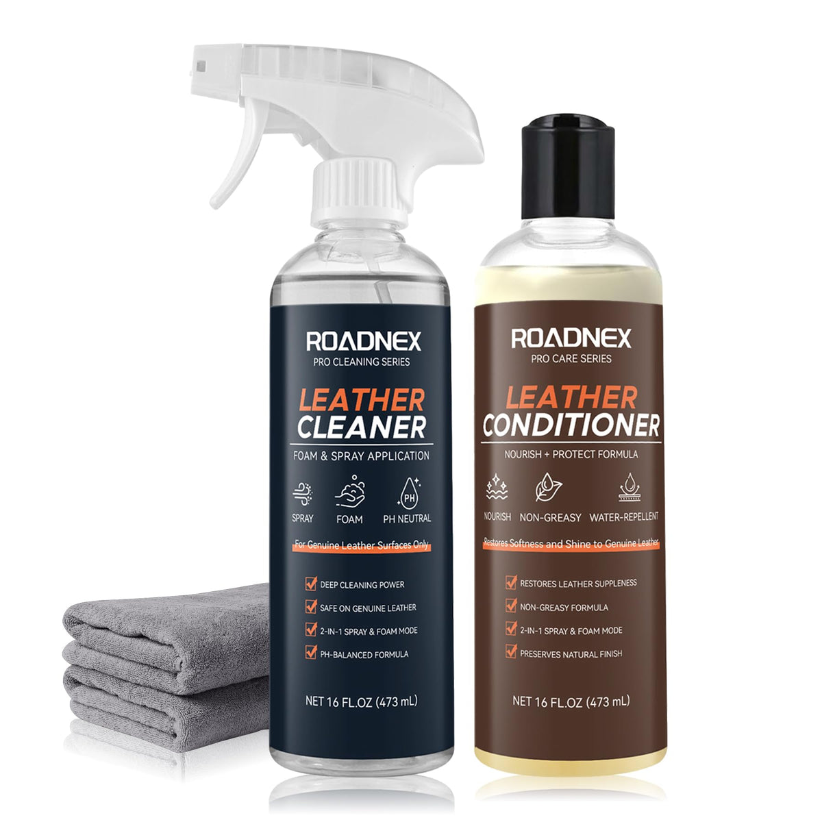 ROADNEX Leather Cleaner bottle pour demonstrates easy application and dirt lifting.