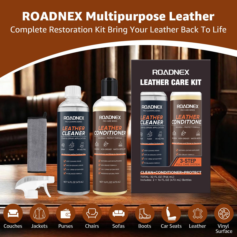 ROADNEX Leather Care kit bottles offer long-term upkeep at home.