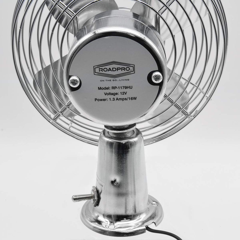 RoadPro RP-1179 swivel-ball base directs airflow for driver and passenger comfort.