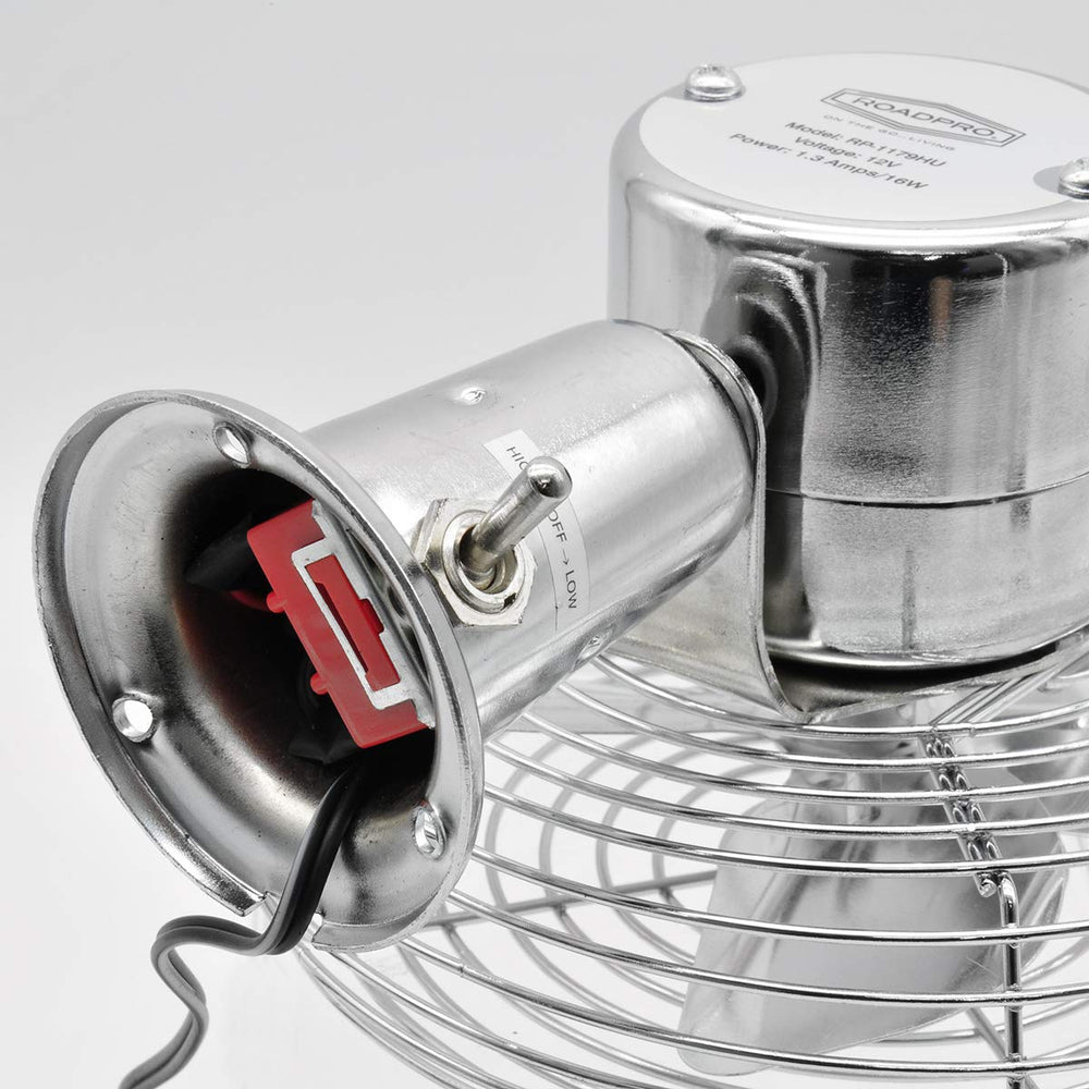 RoadPro RP-1179 chrome fan boosts cab comfort during hot workdays.