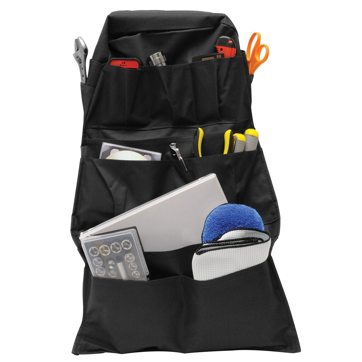 RoadPro RPSB-14BK seat-back organizer mounted behind headrest keeps maps and tools within reach.