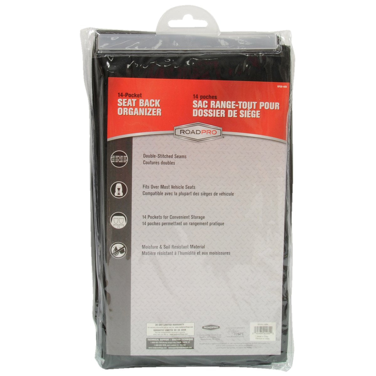 RoadPro RPSB-14BK pocket layout demonstrates 14 compartments for organized road trips.