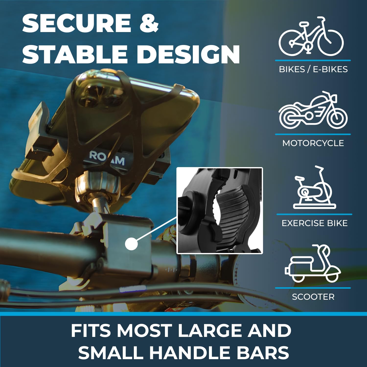 Roam mount with ball socket enabling 360-degree rotation for portrait or landscape view