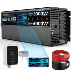 ROARBATT 3000W inverter front view with rugged aluminum housing for rugged use.