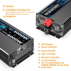 ROARBATT 3000W inverter LED display close-up showing input/output status and protections.