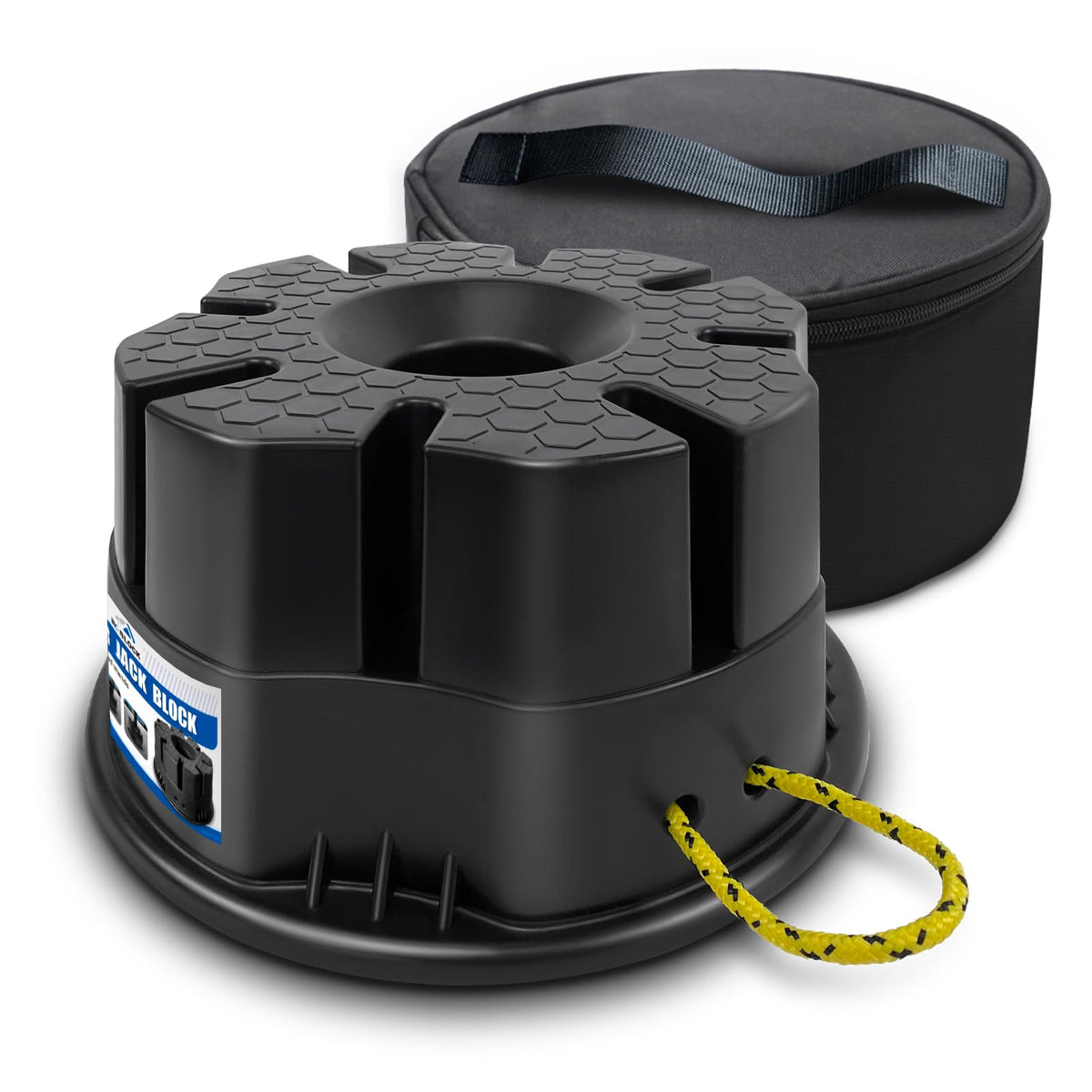 ROBLOCK 6-inch trailer jack block with bag stabilizes an RV on uneven ground.