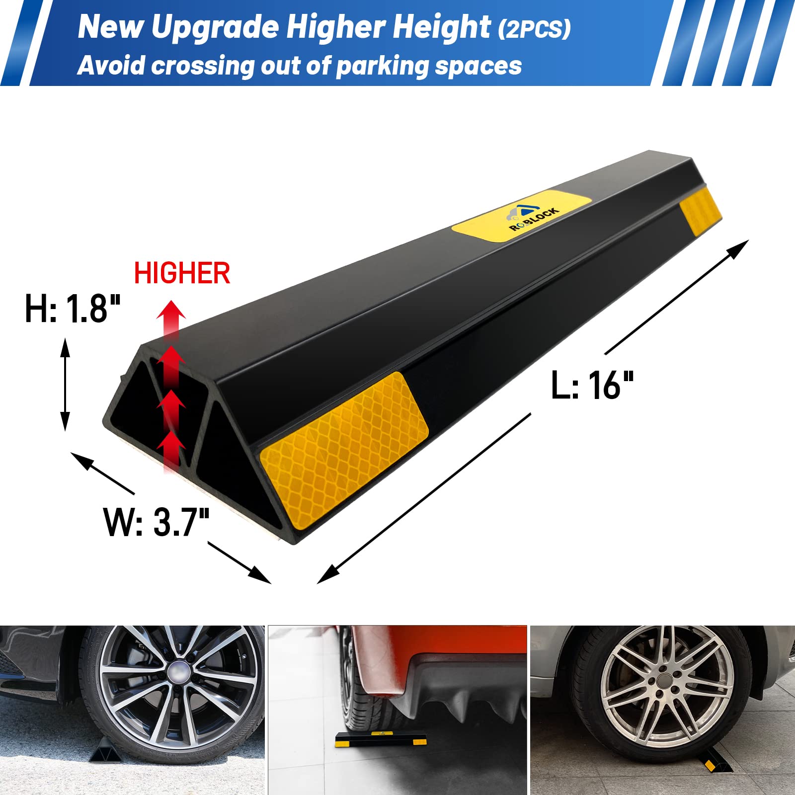 ROBLOCK parking stopper side view demonstrates peel-and-stick installation