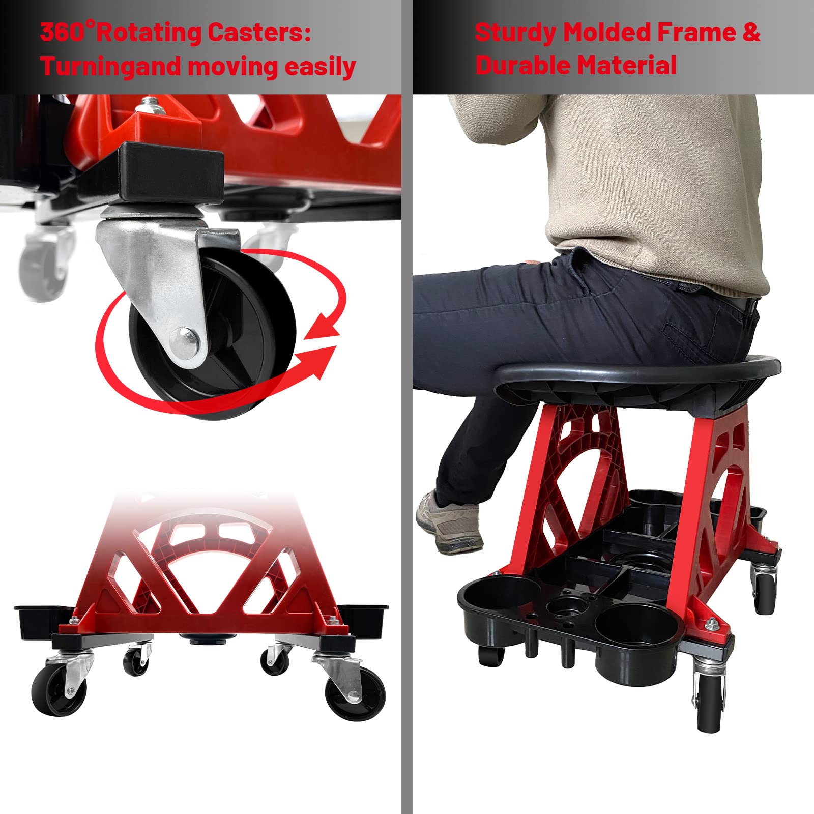 ROBLOCK rolling stool with 360-degree wheels for easy movement around the shop.
