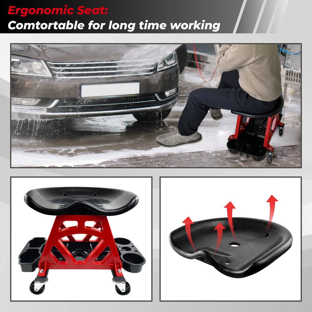 ROBLOCK stool displaying tool holders, compartments, and bottle slots for quick access.