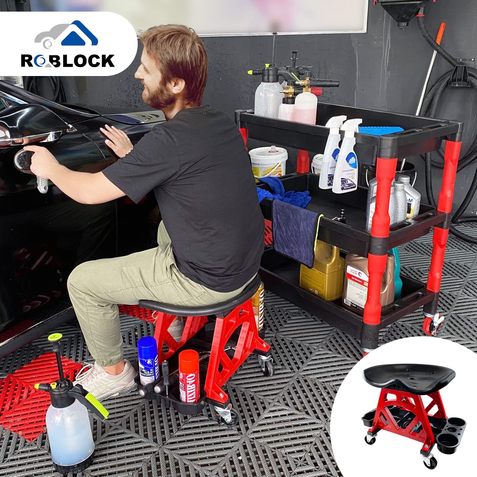 ROBLOCK workshop setup featuring the rolling stool in a car detailing scene.