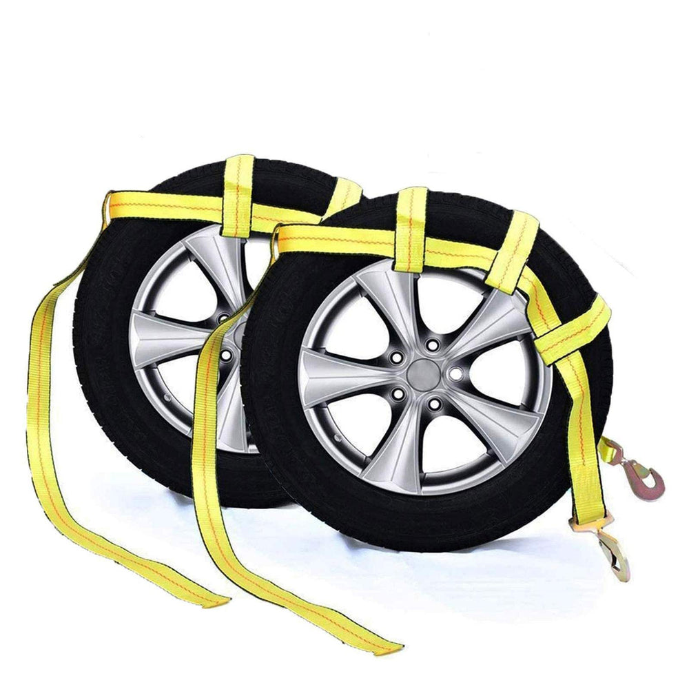 Robbor tow dolly basket strap with twisted snap hooks securing 14-19 inch tires during transport.