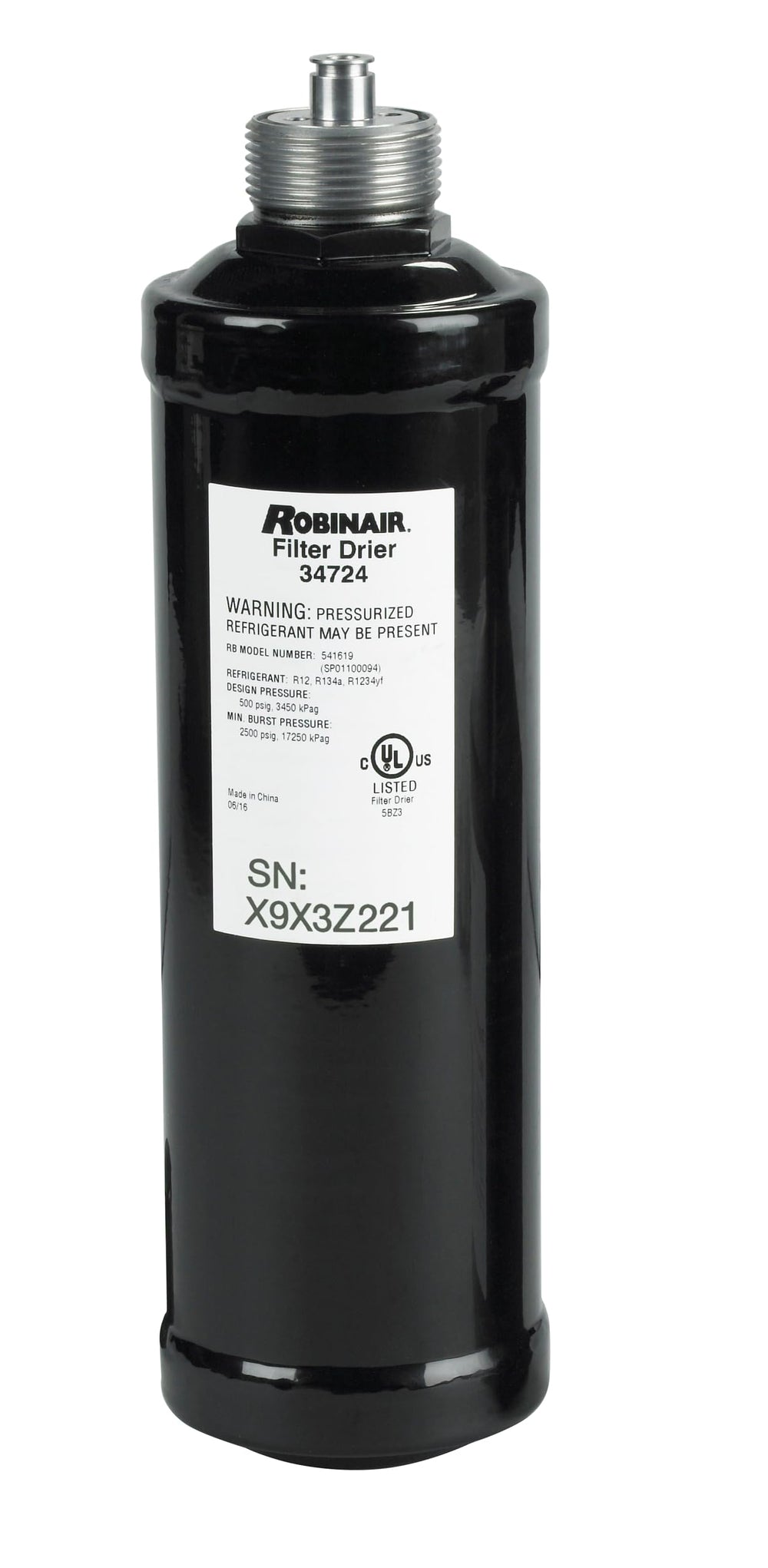 Robinair 34724 spin-on filter-drier for HVAC-R systems.
