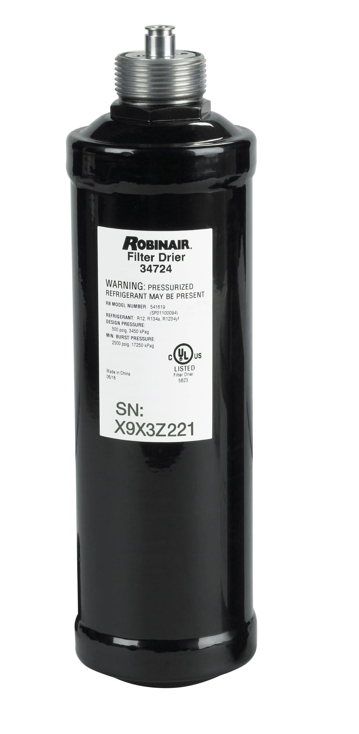 Robinair 34724 spin-on filter-drier for HVAC-R systems.