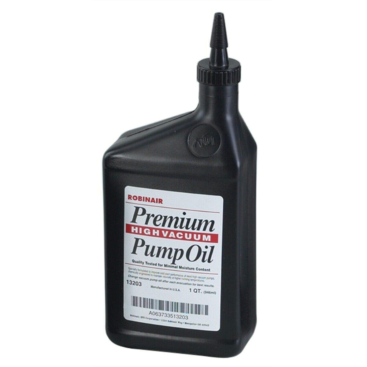 Robinair quart bottle label highlights low moisture formula for pump purity.