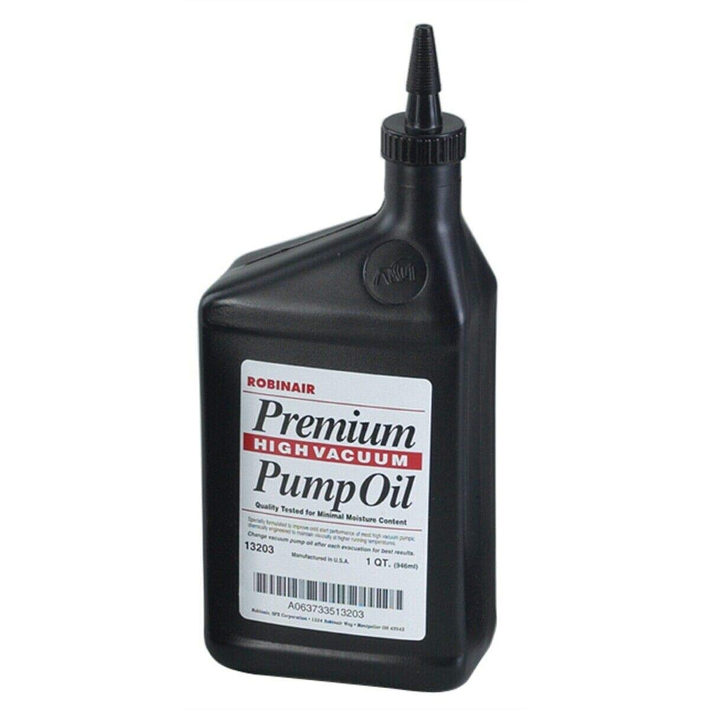Robinair quart bottle label highlights low moisture formula for pump purity.