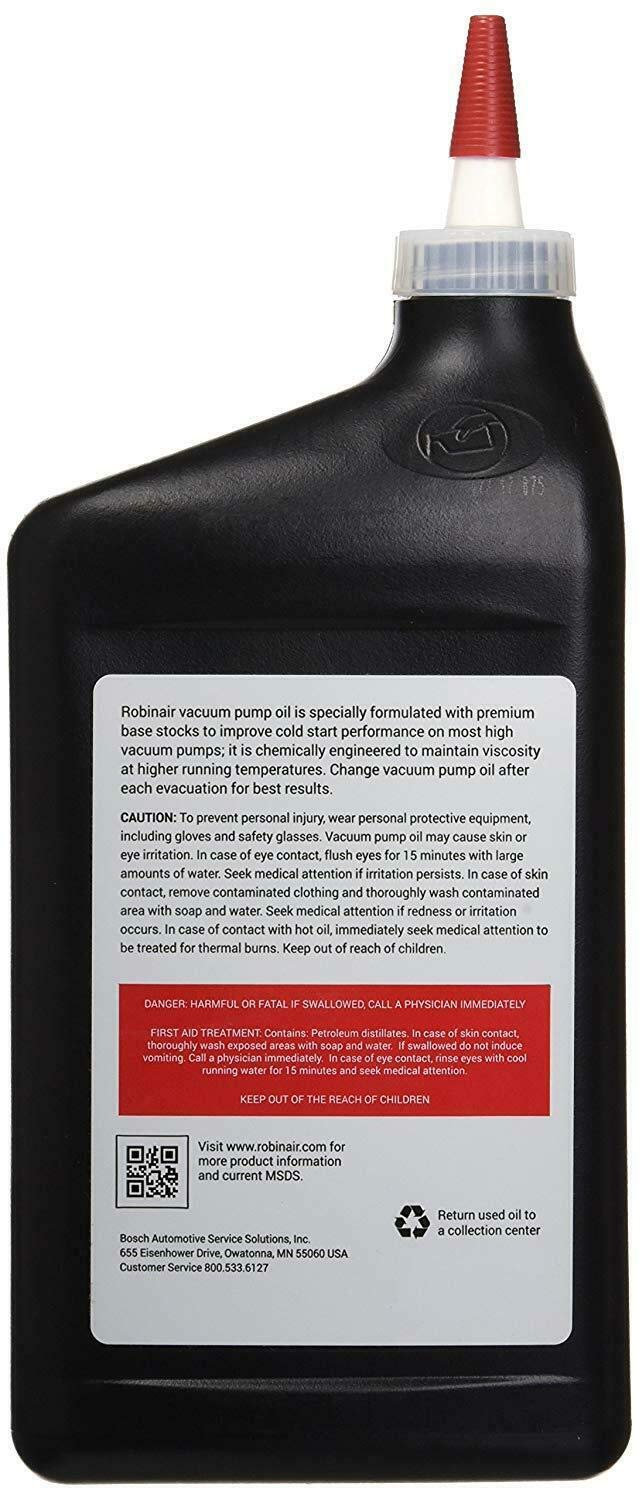 Robinair premium oil pour demonstrating thermally stable formula for deep vacuum performance.