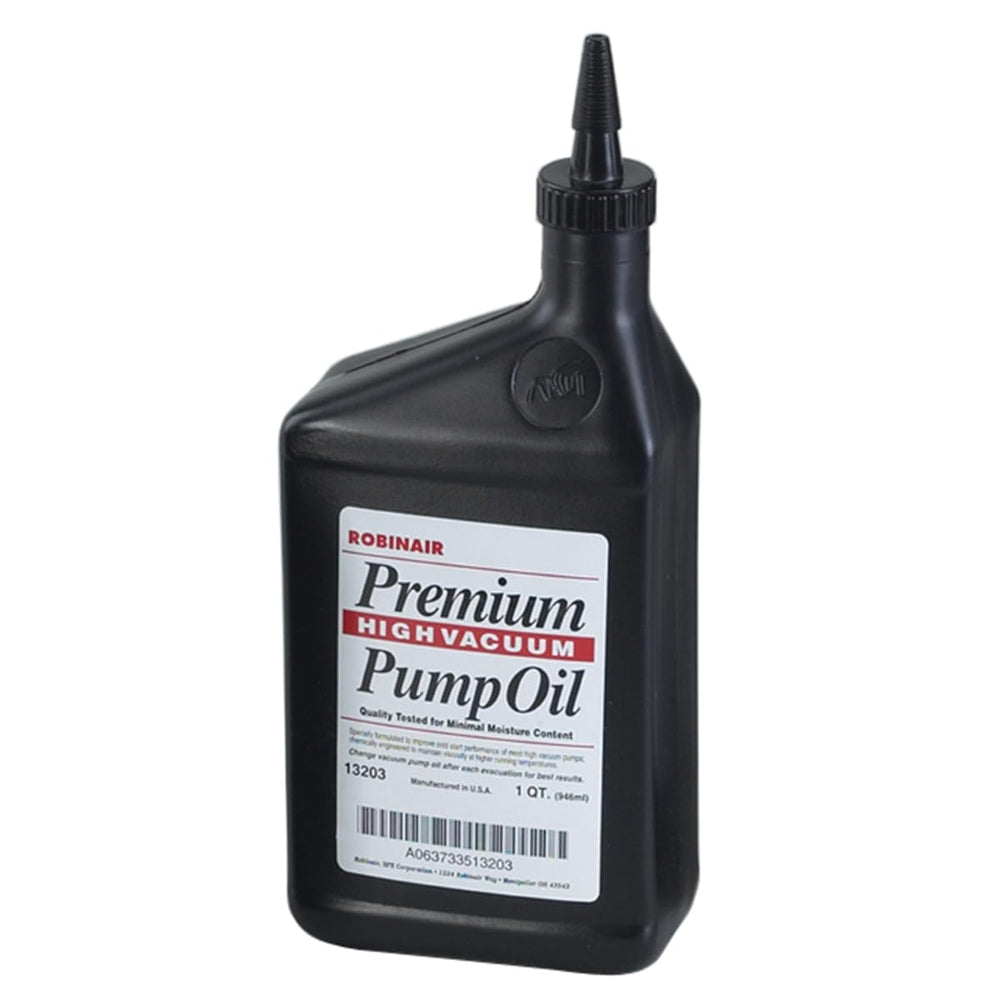 Robinair premium high vacuum pump oil bottle closeup in sturdy quart packaging for lasting use.