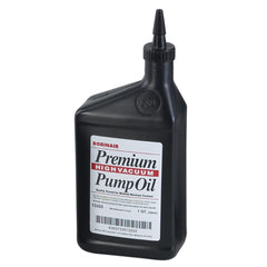 Robinair premium high vacuum pump oil bottle closeup in sturdy quart packaging for lasting use.