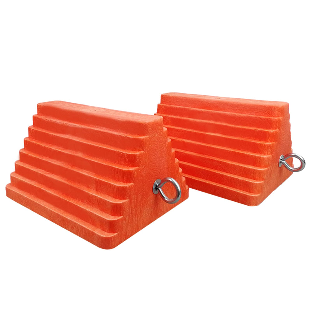 ROBLOCK 2-pack wheel chocks with eyebolt stabilize travel trailers on uneven surfaces.