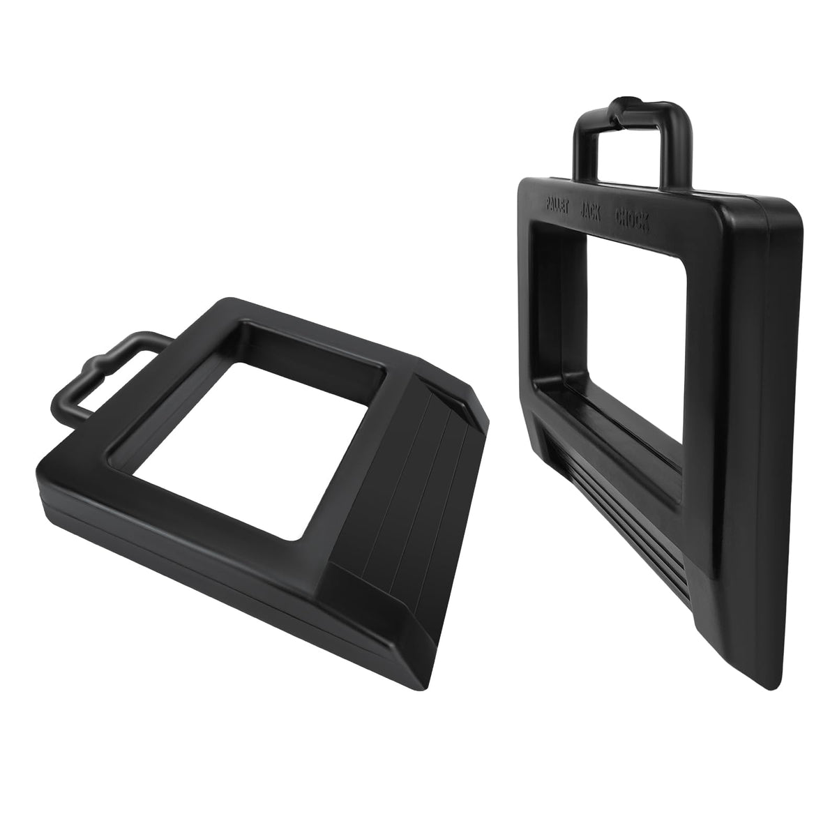 ROBLOCK 2 Pack rubber pallet jack chock side view stabilizes pallet trucks in warehouses.
