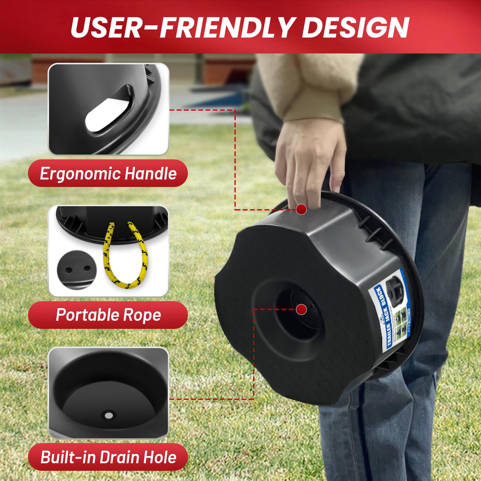 ROBLOCK built-in drain hole channels water and dirt away from the base.