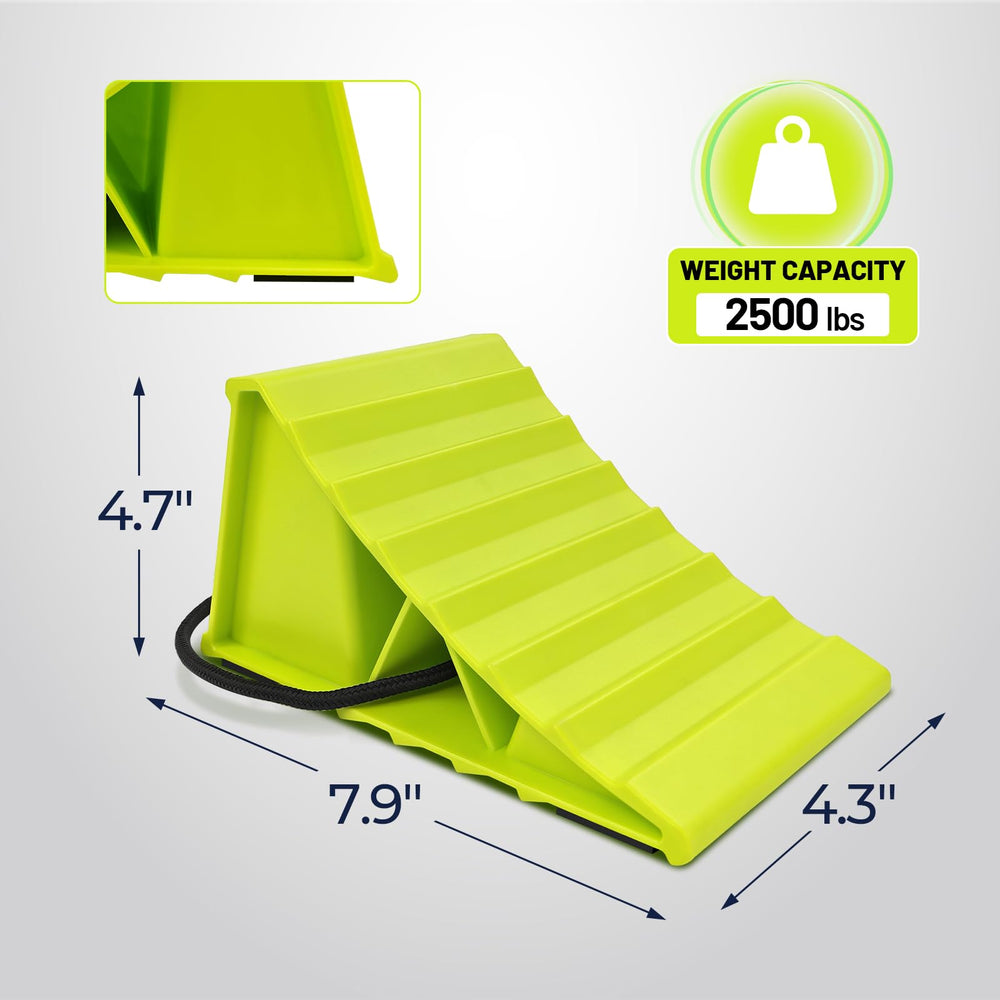 ROBLOCK green wheel chocks with dual-wheel grip and triangular base