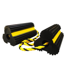 ROBLOCK heavy-duty wheel chocks with rope for secure parking.