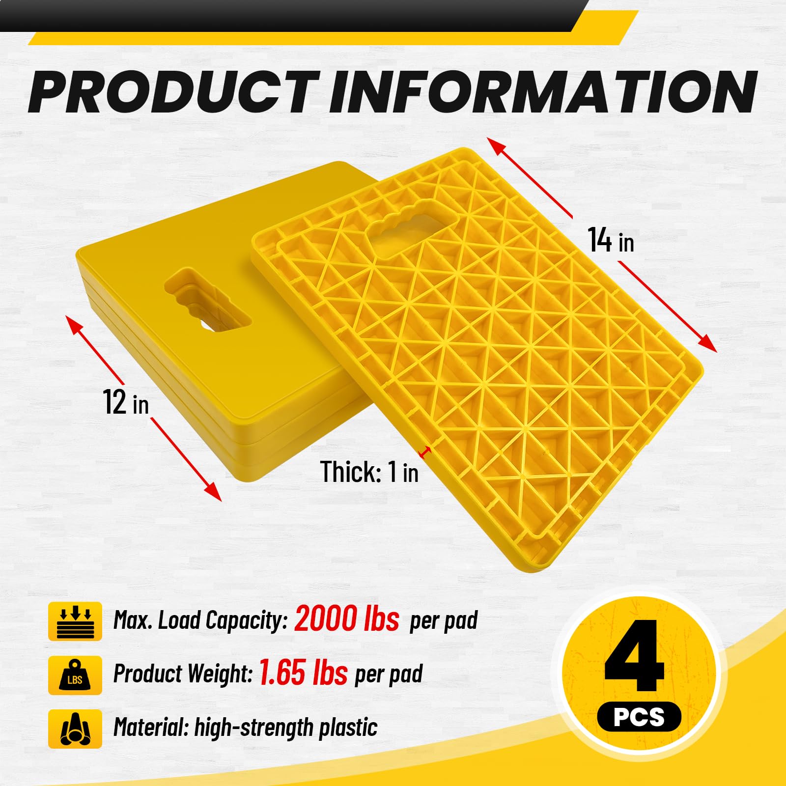 Top view of ROBLOCK 14x12-inch RV jack stabilizer pad showing broad footprint.