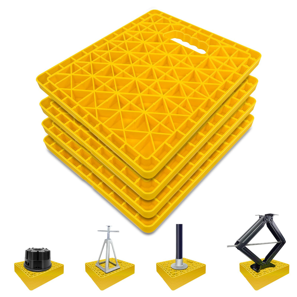 ROBLOCK large RV jack stabilizer pad assembly provides sturdy support for uneven ground.