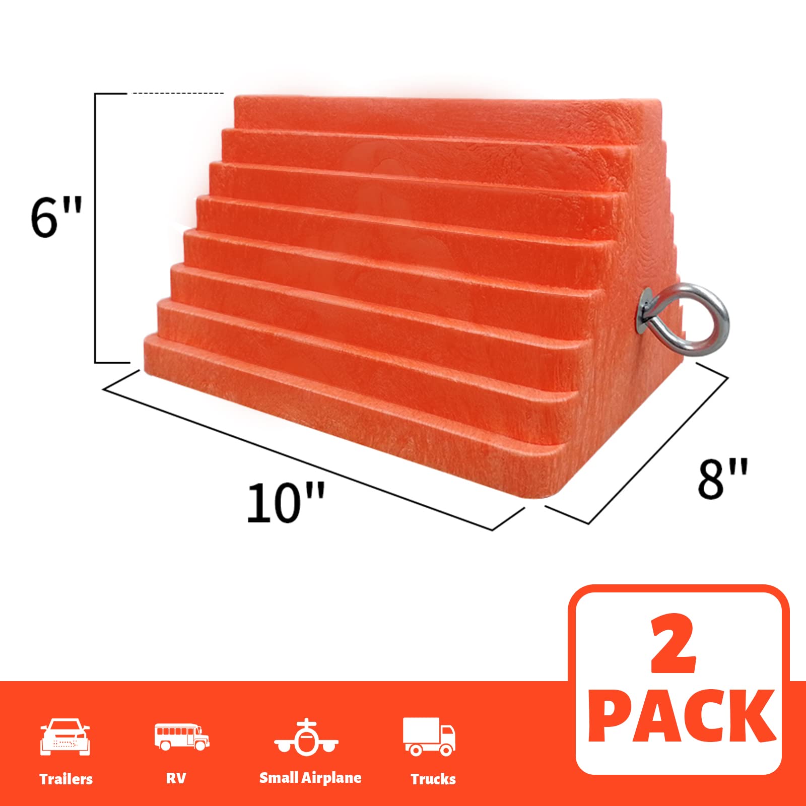ROBLOCK orange heavy-duty wheel chocks in structural poly foam for durability.