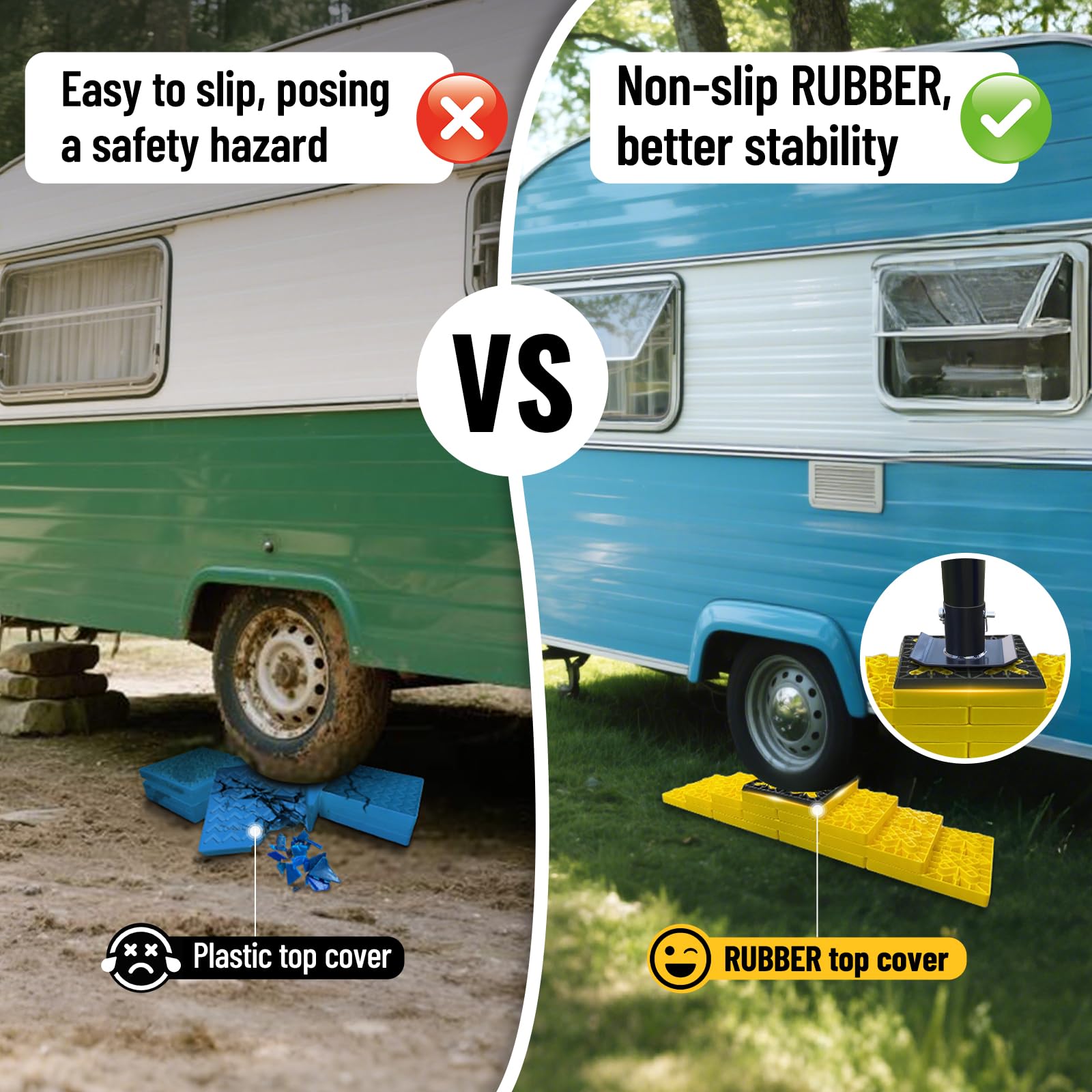 ROBLOCK pyramid-stack setup demonstrates quick, flexible RV height adjustments