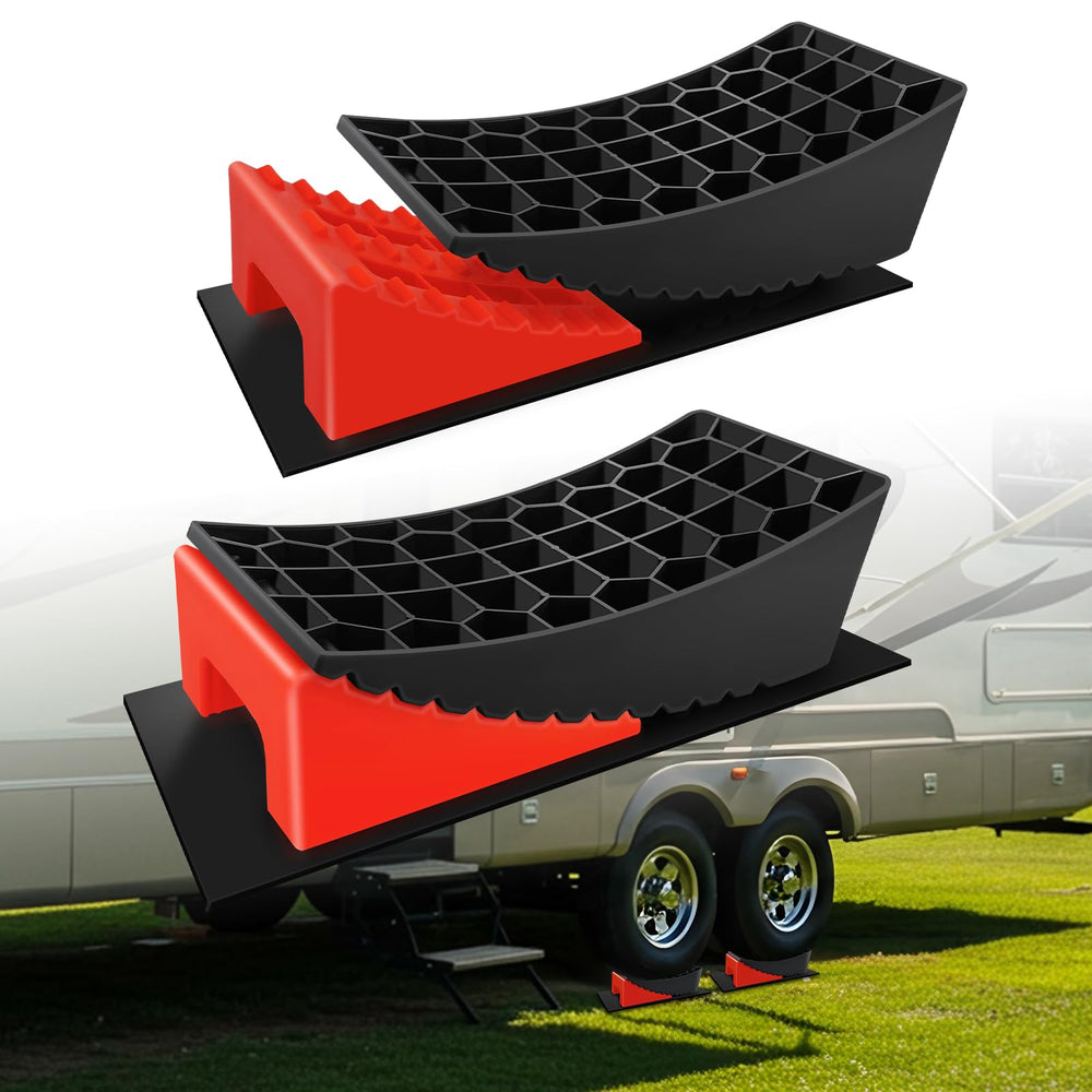 ROBLOCK RV leveling blocks support 4-inch lift for stable trailer leveling on uneven ground