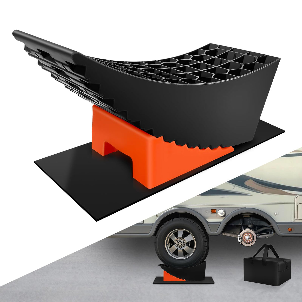 ROBLOCK Tandem trailer tire change ramp enables easy RV tire swaps.