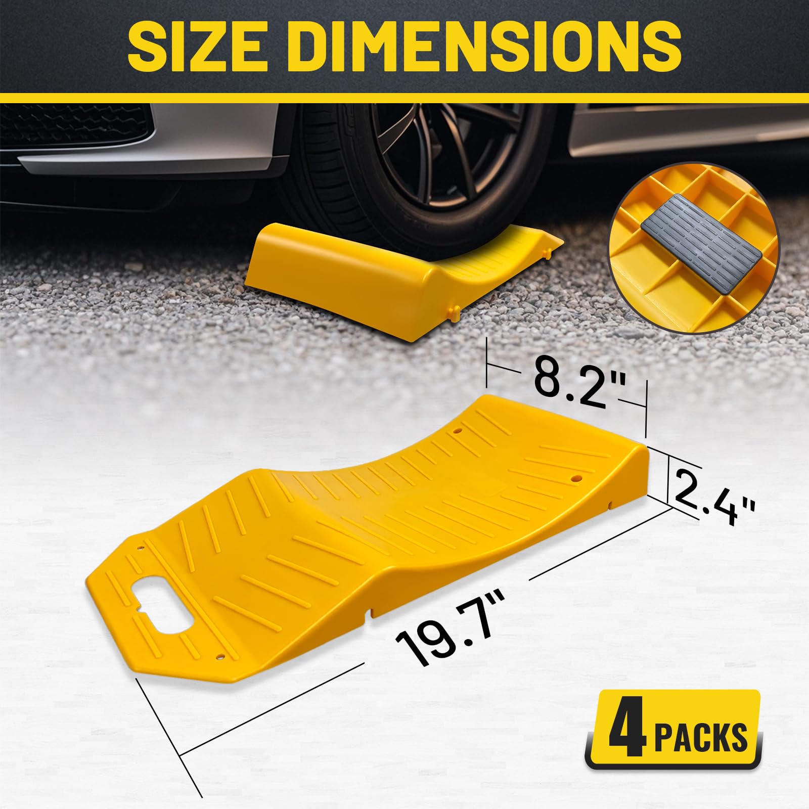 ROBLOCK Tire Saver Ramps with non-slip tread providing reliable tire grip in all weather.