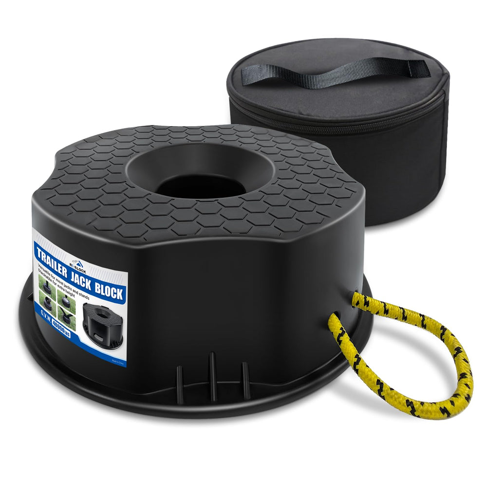ROBLOCK trailer jack block with bag showing portable storage for travel trailers