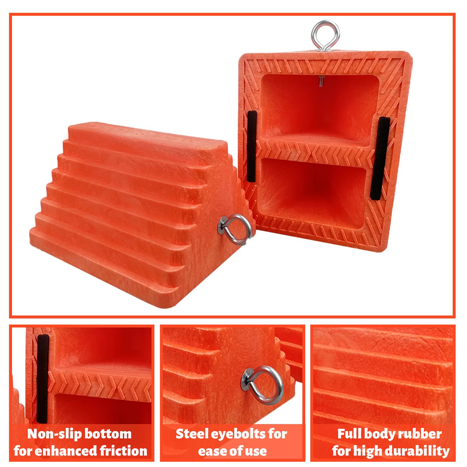 ROBLOCK wheel chocks with built-in eyebolt enable quick positioning.