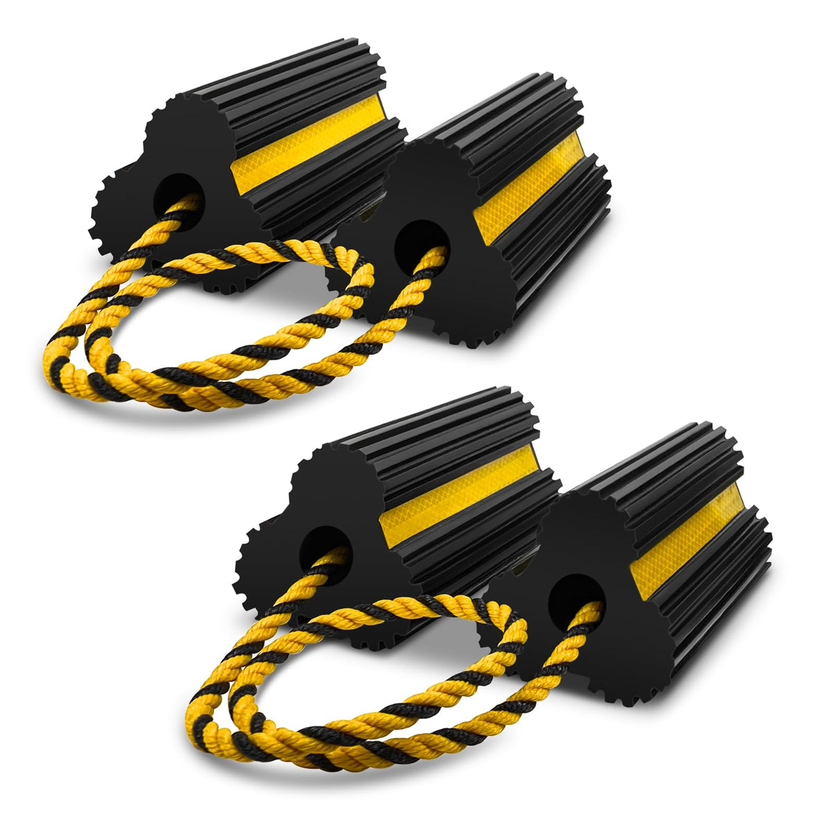 ROBLOCK wheel chock with yellow reflective tape improves visibility.