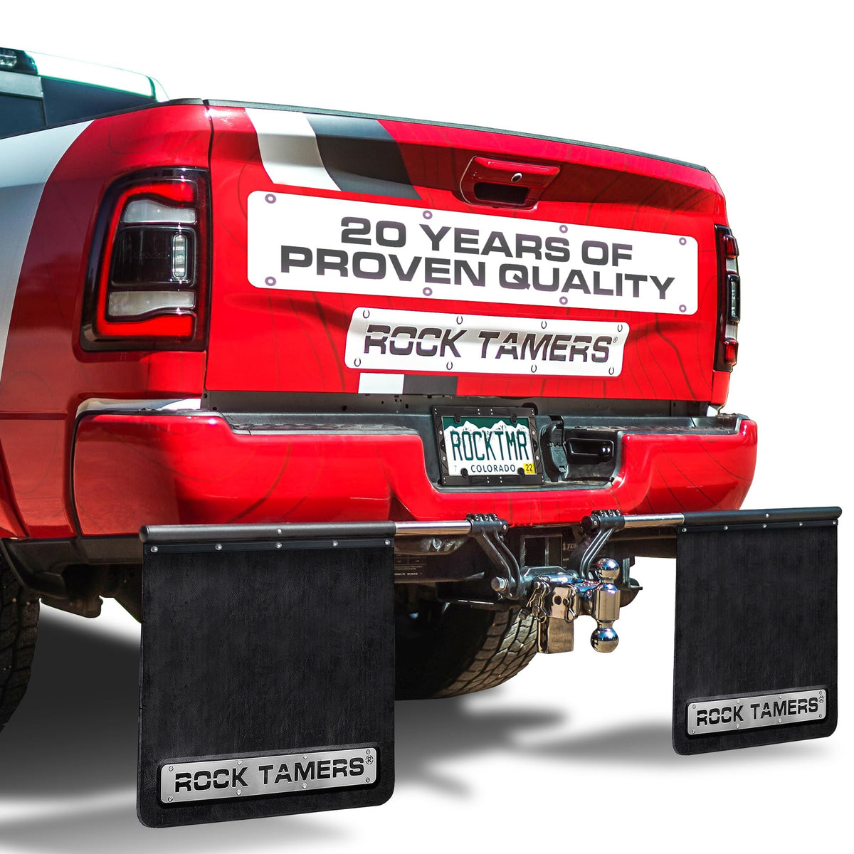 Rock Tamers mudflap system mounted on a truck for rear protection