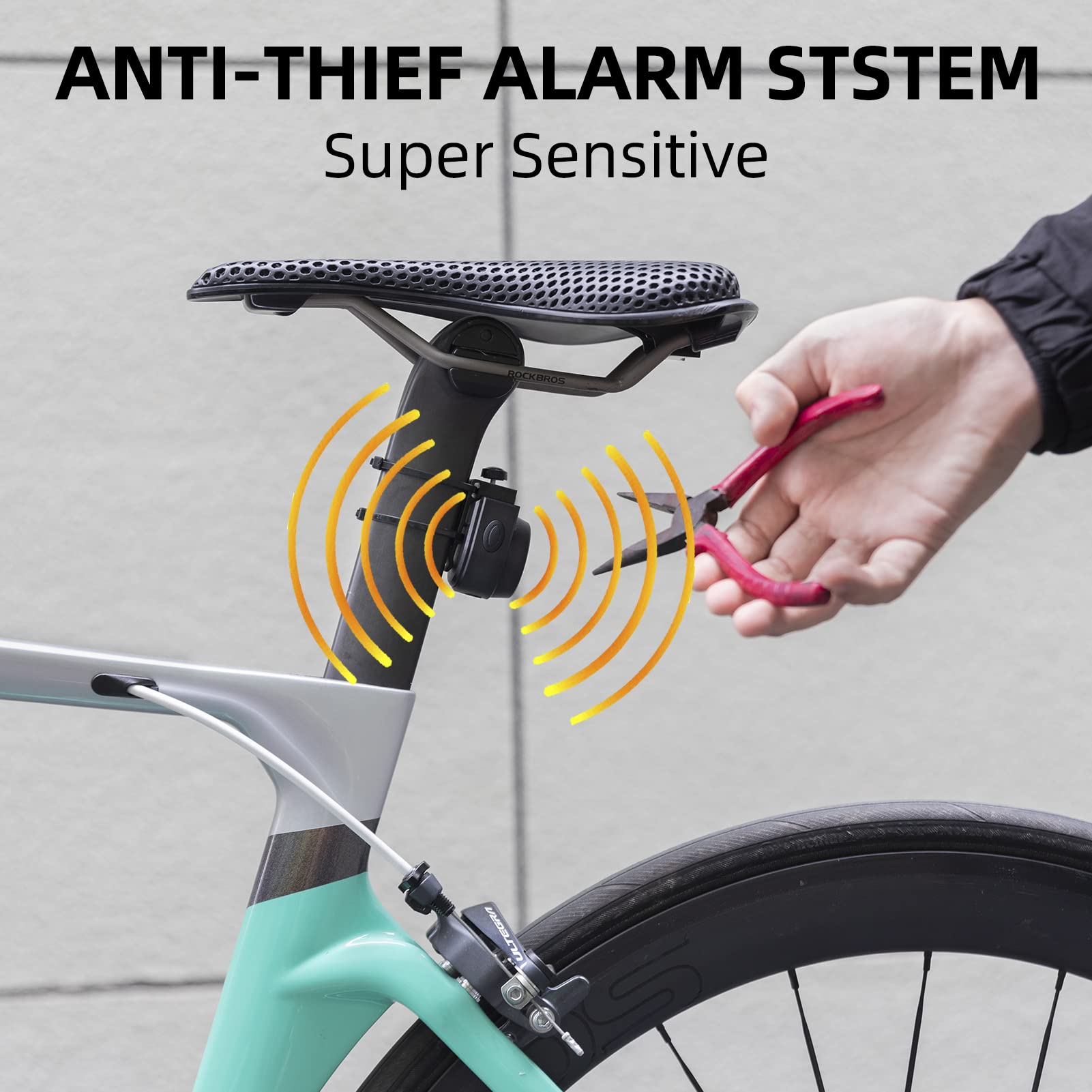 RockBros 115dB bike alarm side sensor close-up highlights vibration detection capability.