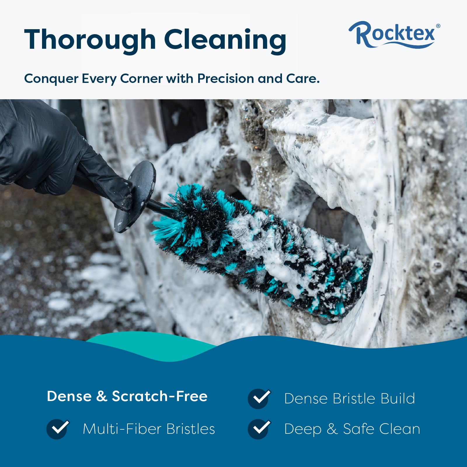 Rocktex wheel brush medium face for balanced foaming and detail.