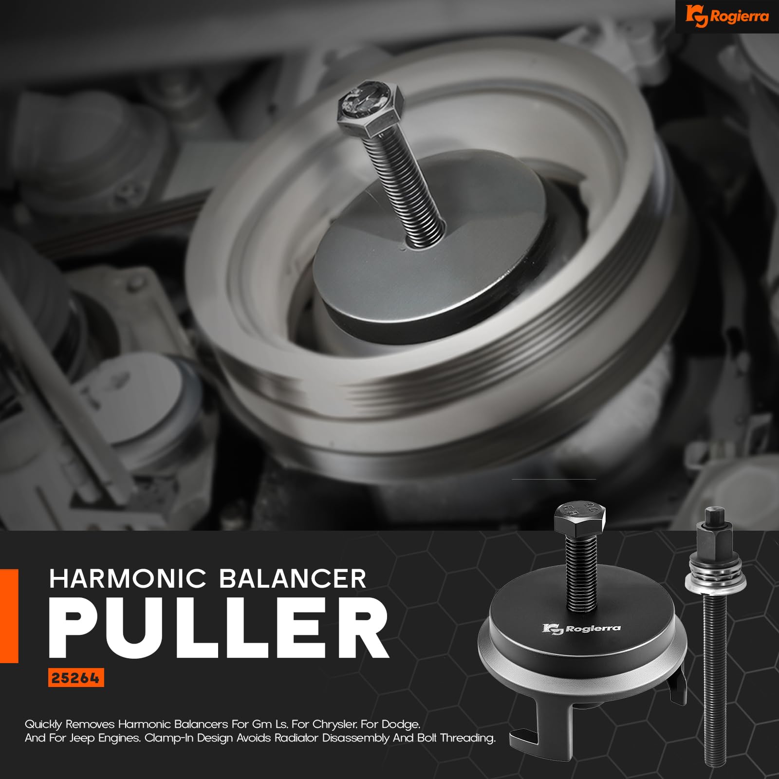 Rogierra harmonic balancer puller clip-in design enabling fast removal