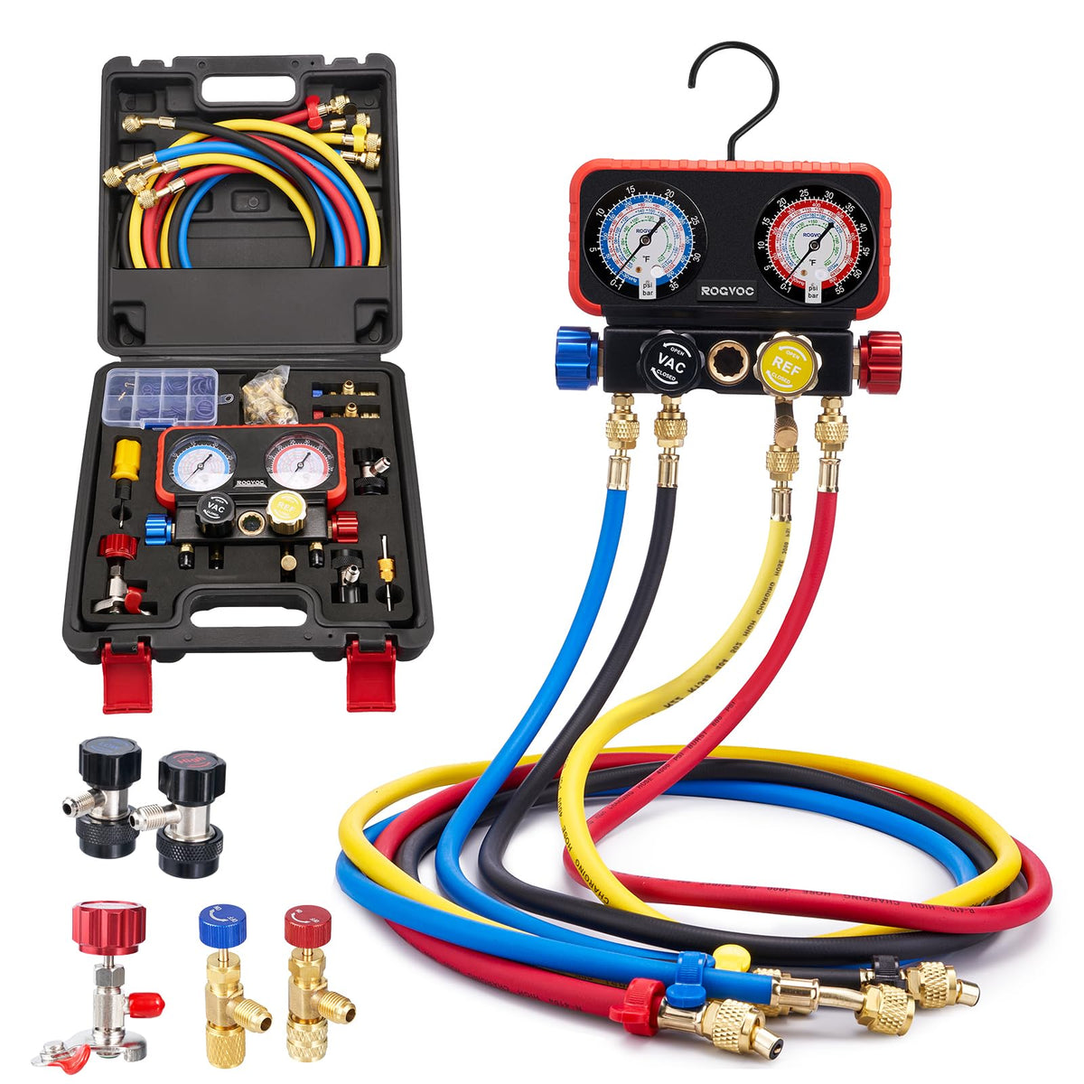 Rogvoc AC Gauges front view highlighting compact design for on-site HVAC work.