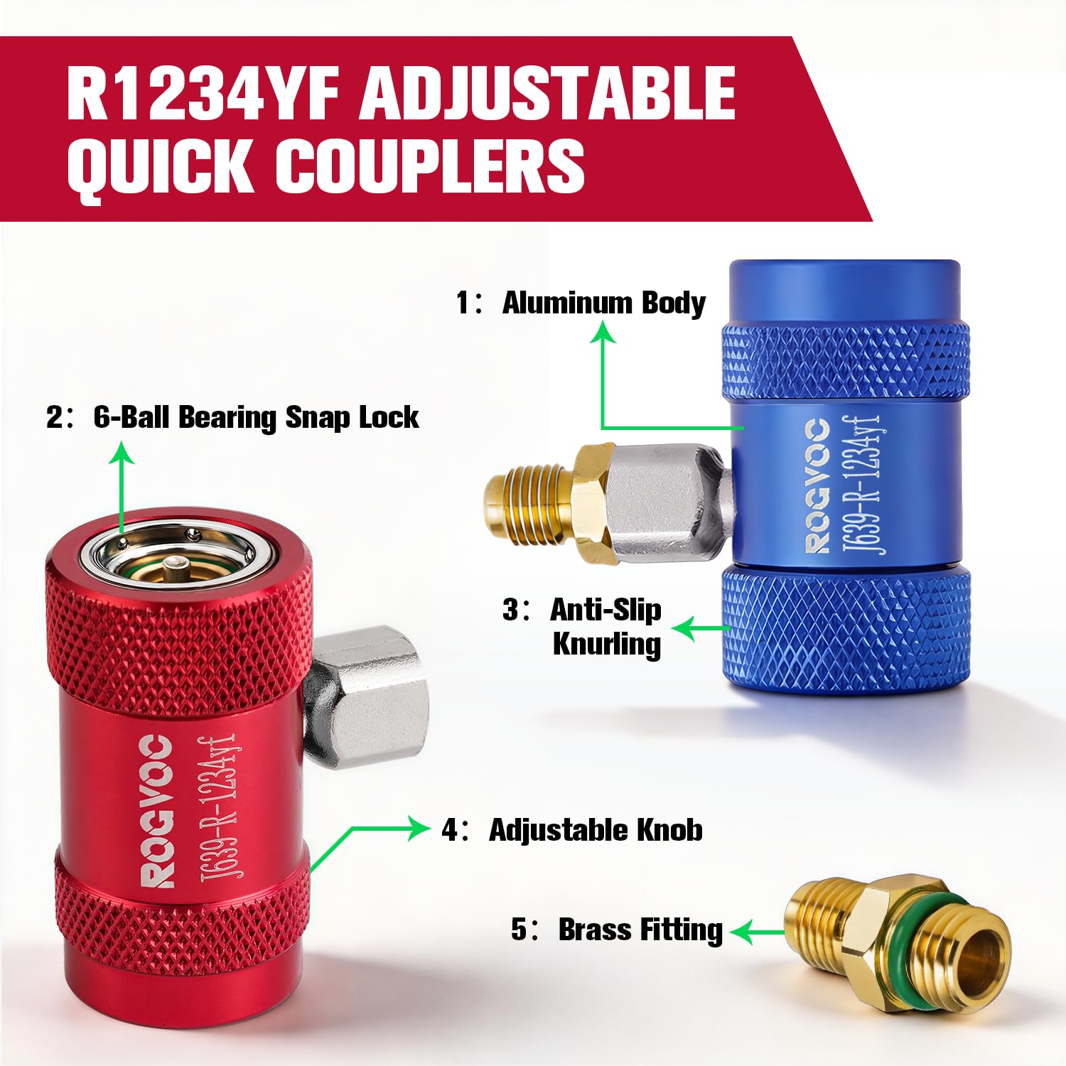 Rogvoc R1234yf 1/4-in flares fittings aid reliable evacuation and recharge.
