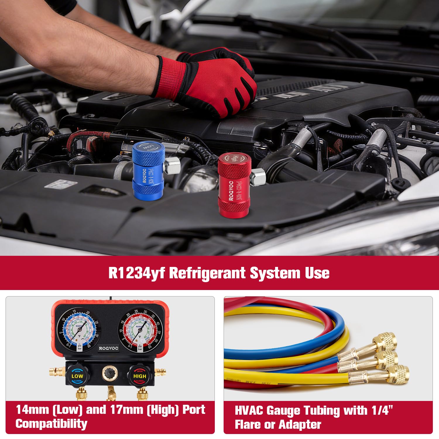 Rogvoc R1234yf evacuation-recharge setup helps efficient A/C system servicing.