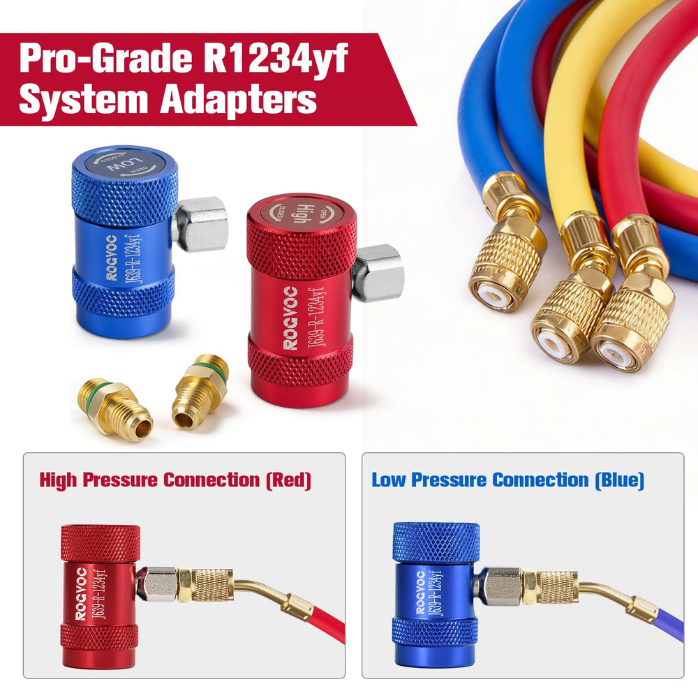 Rogvoc R1234yf knurled-grip adapter improves secure handling during maintenance.