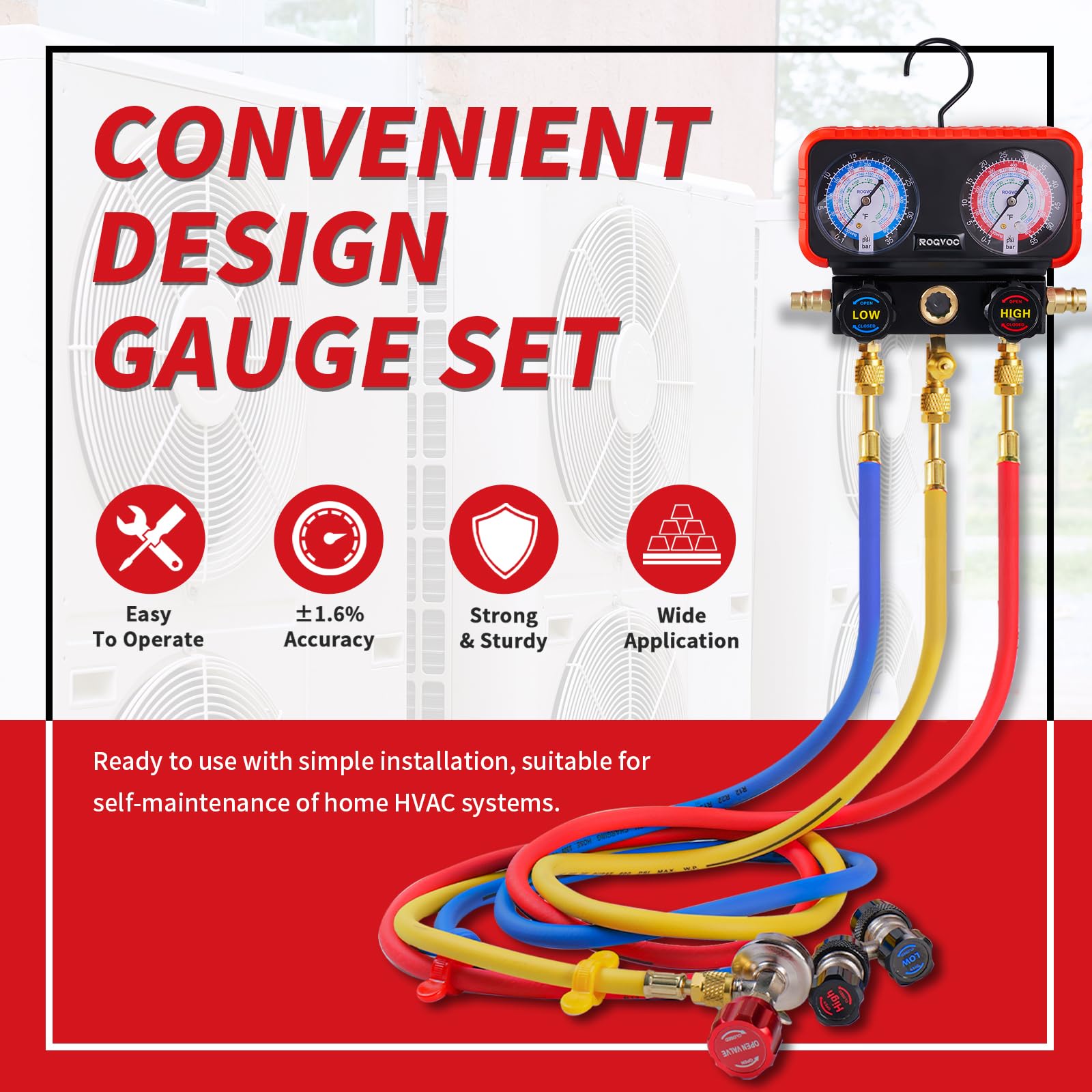 Rogvoc three-way gauge with color-coded hoses supports accurate pressure readings.