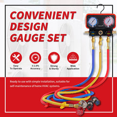 Rogvoc three-way gauge with color-coded hoses supports accurate pressure readings.