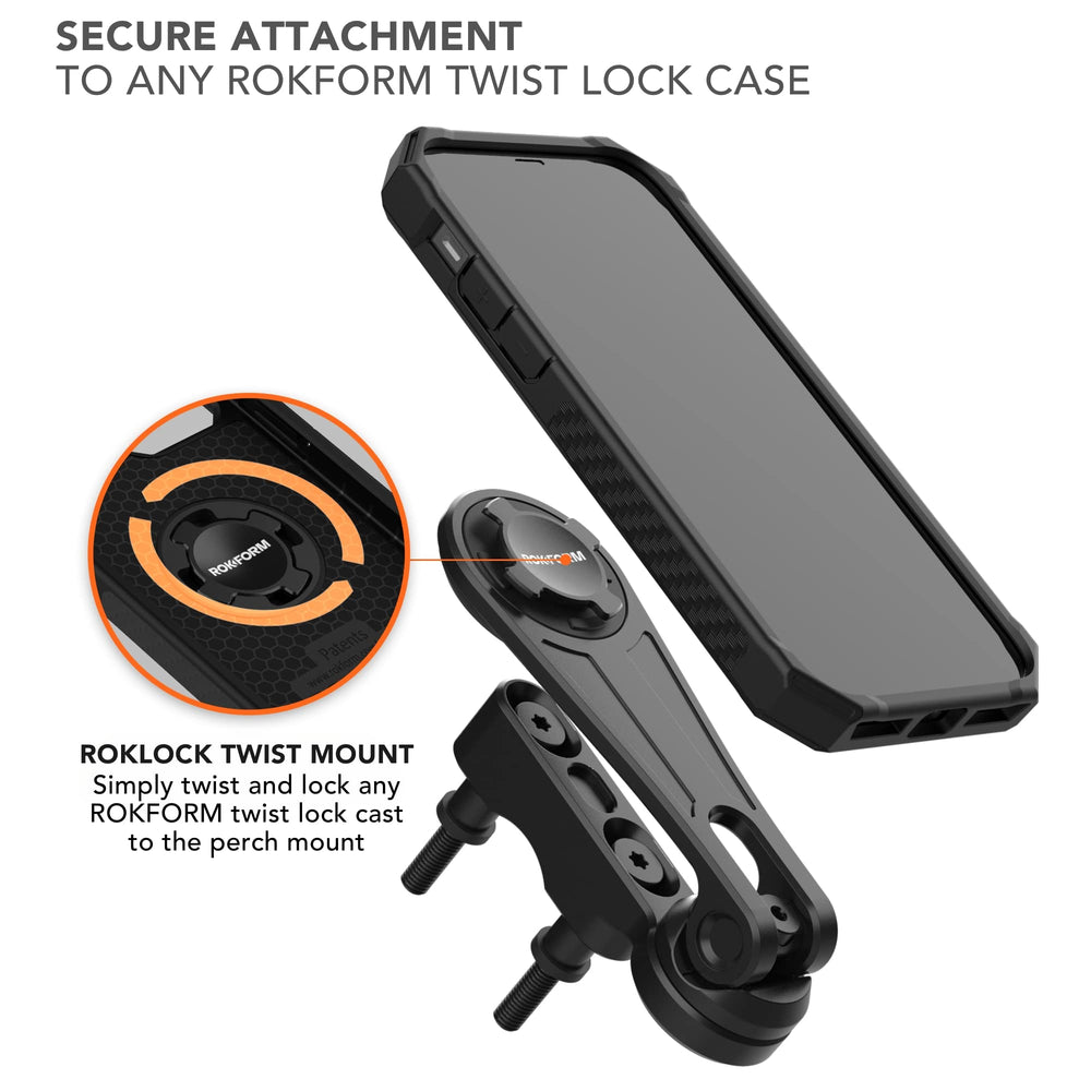 Rokform easy-installation perch mount shows minutes setup with included hardware and adapters.