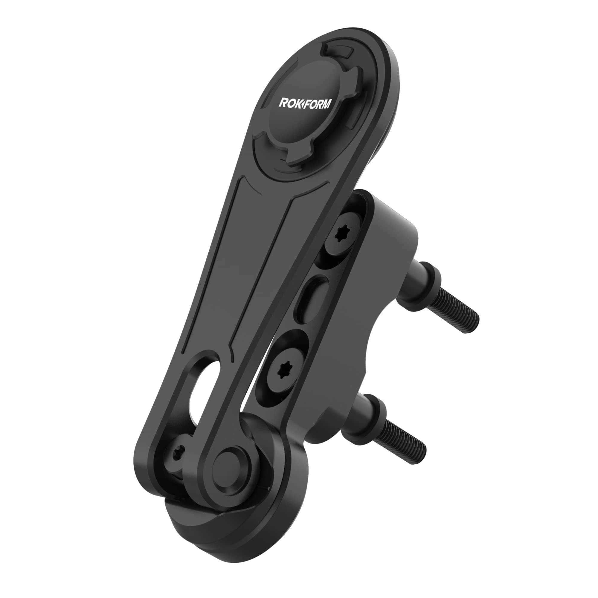 Rokform motorcycle perch mount front view showing secure clamp for Harley and cruiser handlebars.